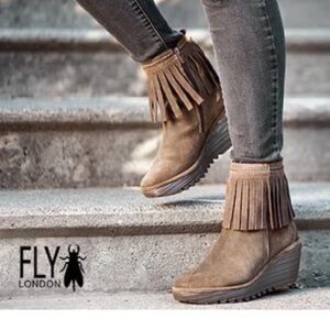 Fly London Yagi brown suede fringe ankle boots with wedge heels Size 39 = 8-8.5